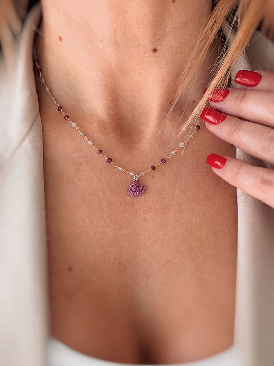 Collana cristalli e cuore glitter viola