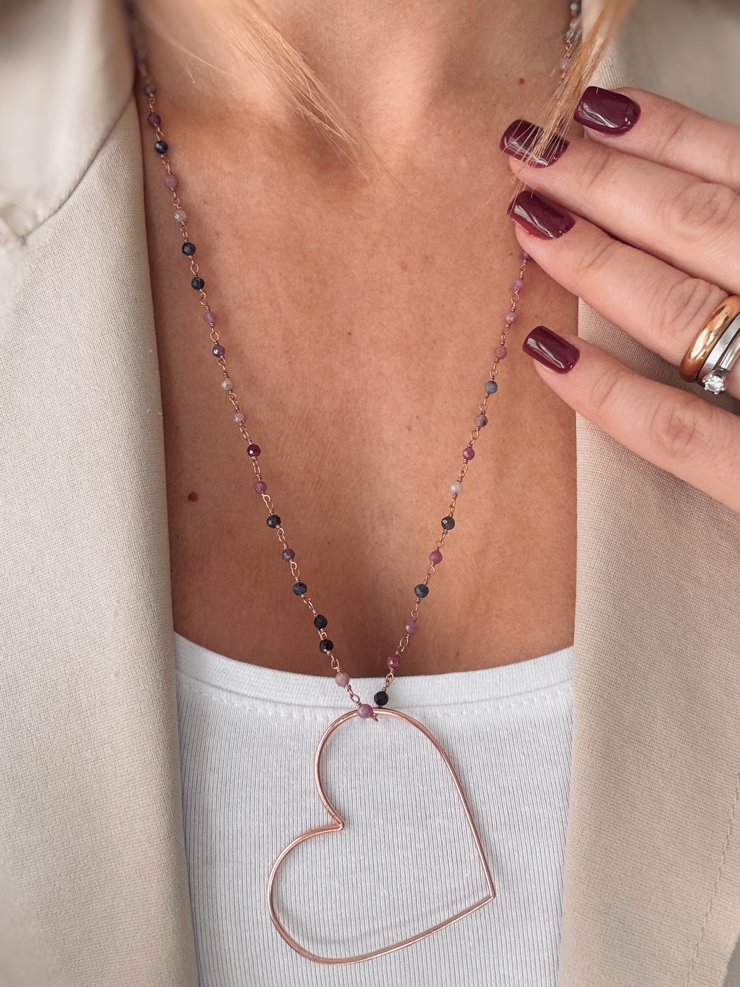 Collana cristalli e cuore a filo