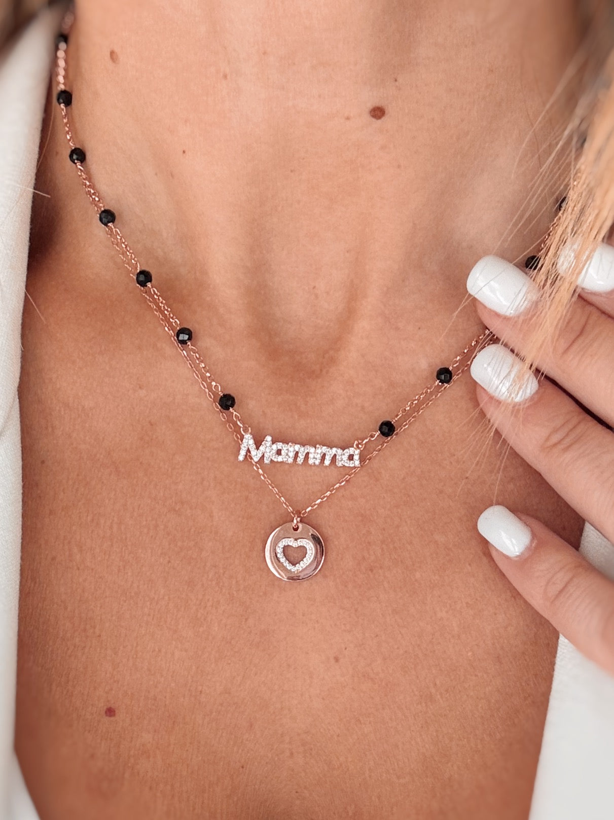 Collana Mamma (catena rollò e cristalli neri)