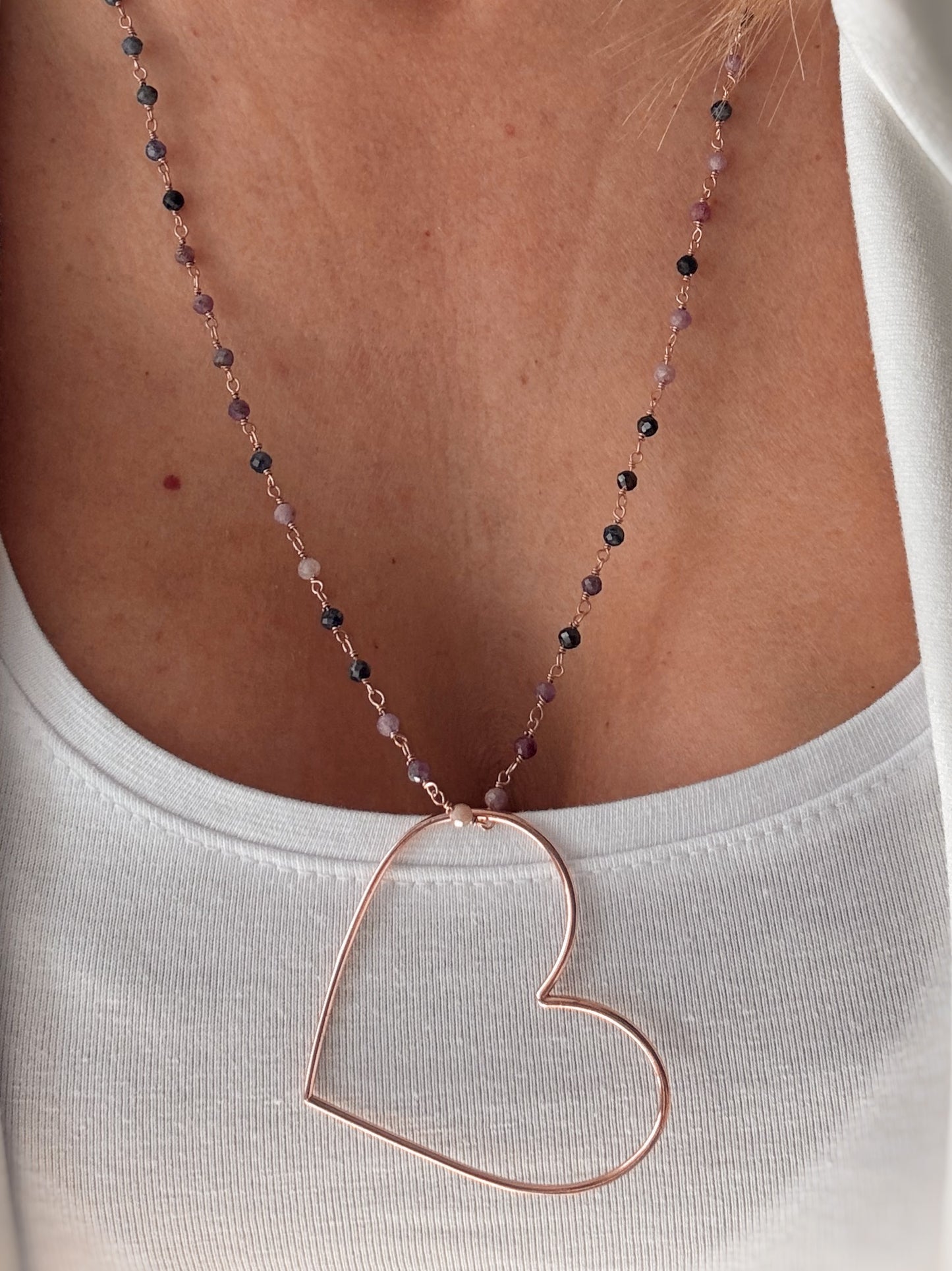 Collana cristalli e cuore a filo