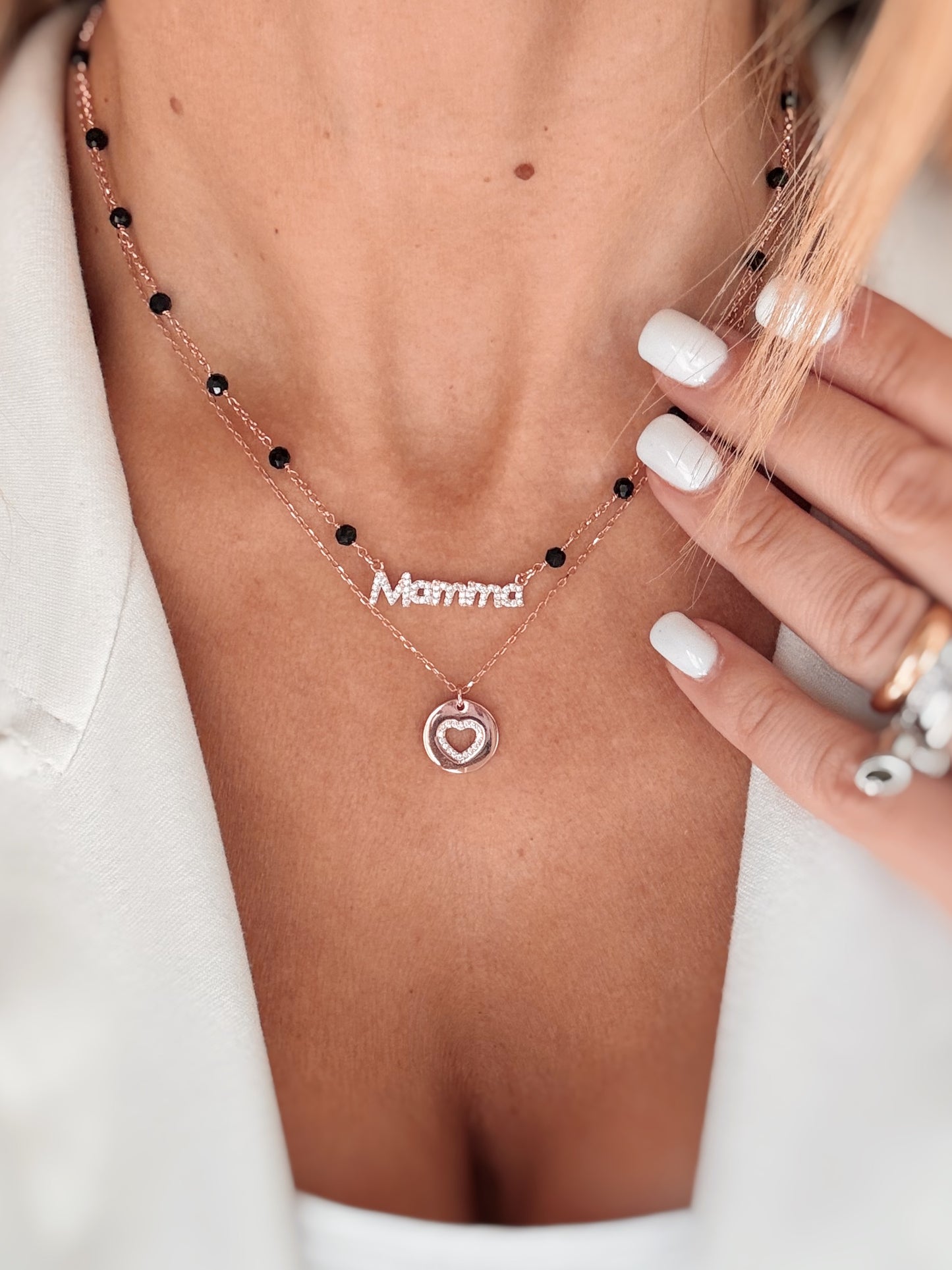 Collana Mamma (catena rollò e cristalli neri)