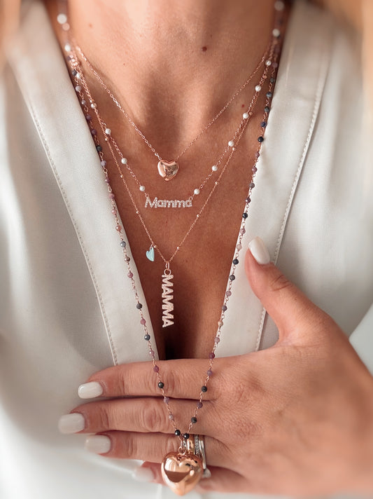 Collana zaffiro multicolore e cuore bombato