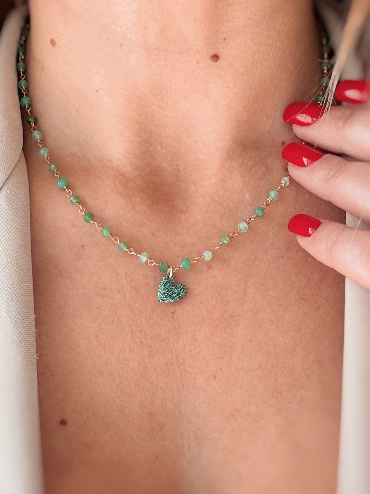 Collana cristalli e cuore glitter verde
