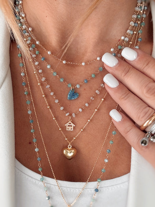 Collana cristalli e cuore glitter blu