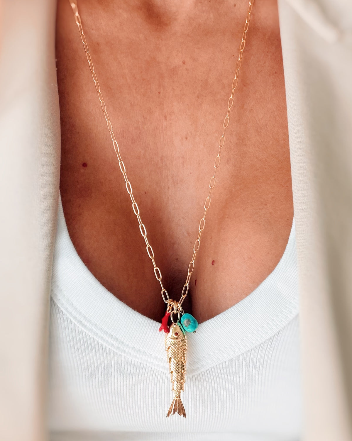 Collana lunga pesciolino corallo e turchese