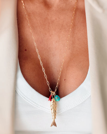 Collana lunga pesciolino corallo e turchese
