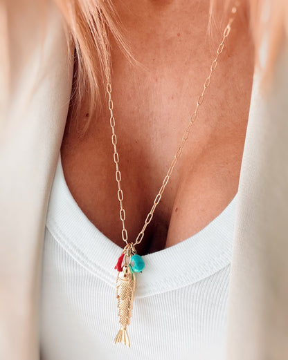 Collana lunga pesciolino corallo e turchese