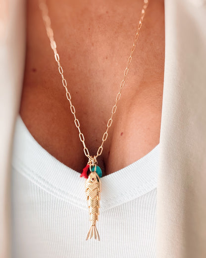 Collana lunga pesciolino corallo e turchese