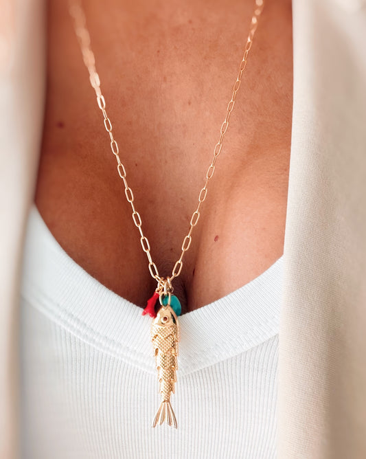 Collana lunga pesciolino corallo e turchese